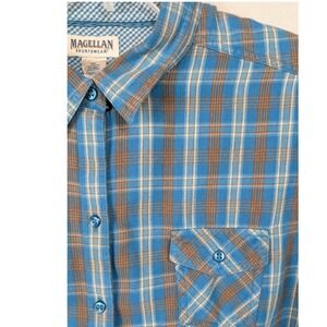 Magellan Womens XXL Turquoise Gray Plaid Flannel Long Sleeve Button‎ Up Shirt